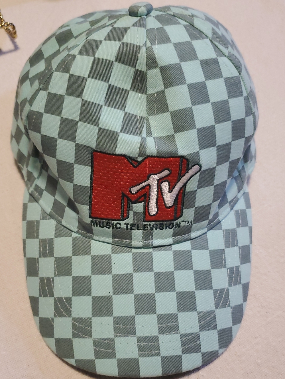 MTV Red Logo Checkered Mint & Gray Baseball Cap